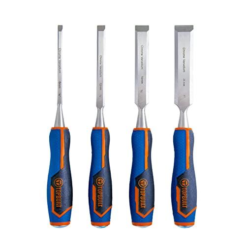 T TOPBUILT 4-piece Wood Chisel Set Cr-V Construction，Soft Grip with Hammer Steel-end Cap for Woodworking, Carving