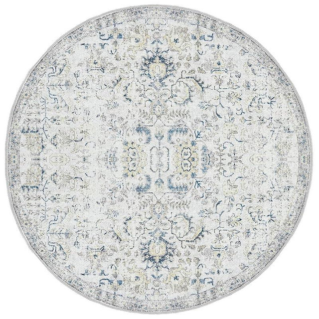 jinchan Round Rug 4ft Area Rug Entryway Washable Vintage Indoor Retro Floor Cover Distressed Floral 4' Round Circle Boho Non Slip Thin Carpet for Kitchen Bedroom Living Room Dining Room Blue