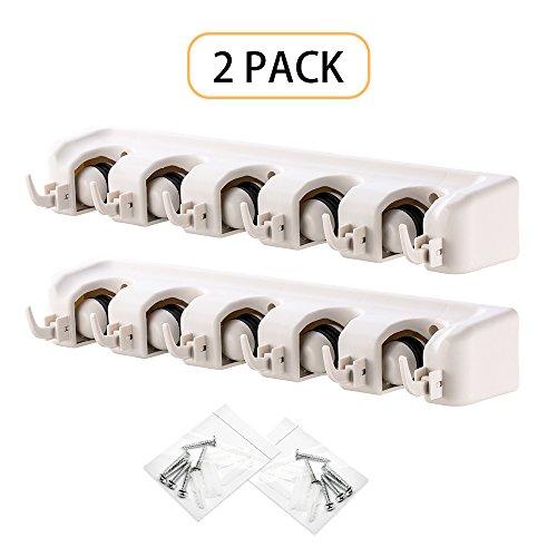 IMILLET Mop and Broom Holder, Wall Mounted Organizer-Mop and Broom Storage Tool Rack with 5 Ball Slots and 6 Hooks (Gray) (Double Pack)