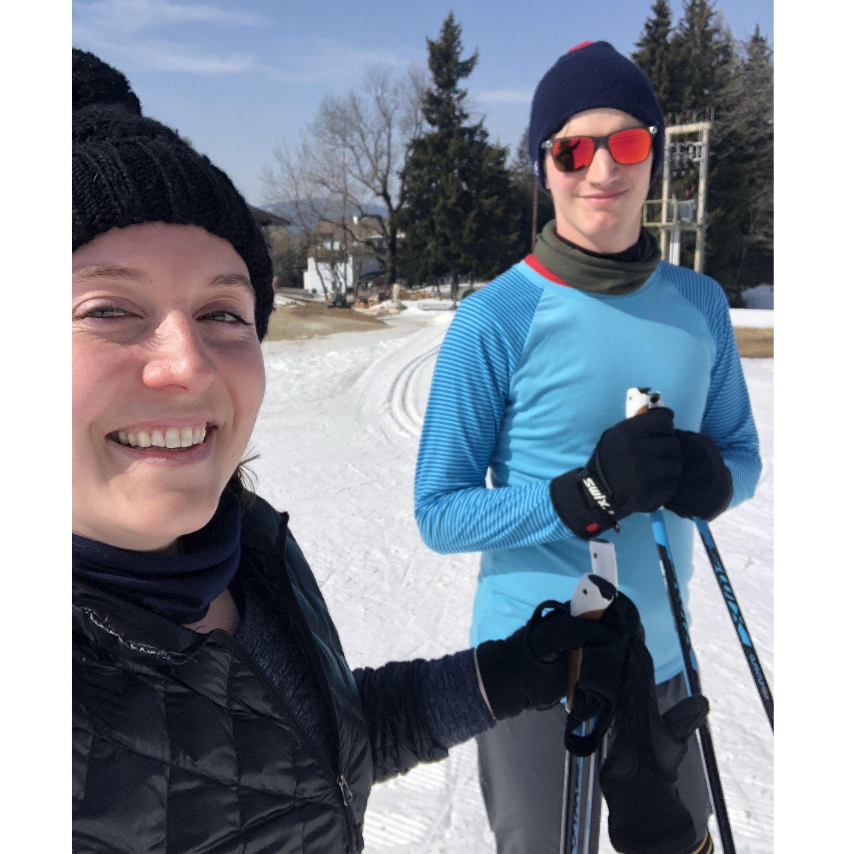 Our first time cross-country skiing, 2022.