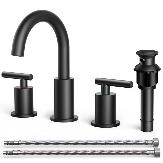 FORIOUS Black Bathroom Faucet 3 Hole, 8 Inch Widespread Matte Black Bathroom Sink Faucet with 360°Swivel Spout, Suitable for 6-12 Inch Vanity Sink, with Metal Pop-up Drain and cUPC Supply Line