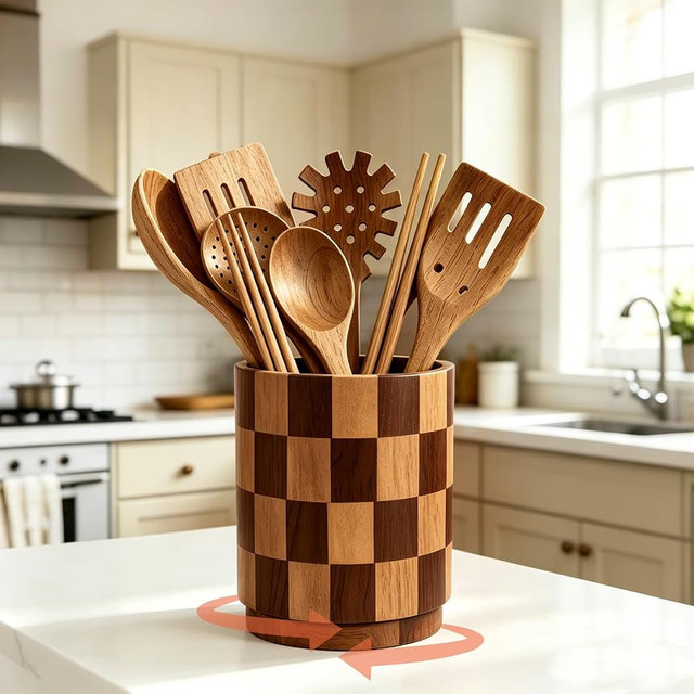 FYSUIMU Brown Checkered Wooden Utensil Holder 360° Rotating Utensil Crock Cooking Tool Storage Organizer Container for Farmhouse Home Kitchen Countertop Decor