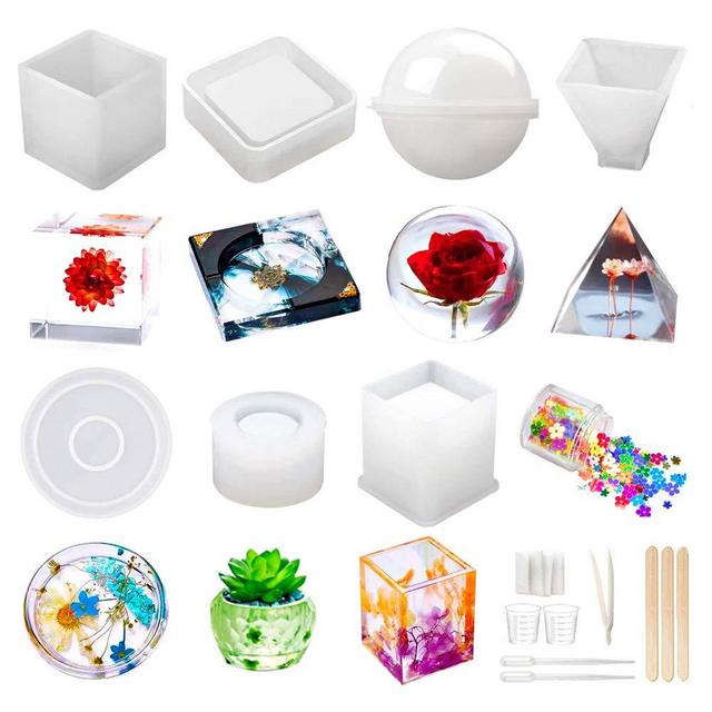 Resin Molds Silicone Kit 20Pcs,Epoxy Resin Molds Including Sphere,Cube,Pyramid,Square,Round, Used for Create Art,DIY,Ashtrays,Coasters,Candles.Bonus Decorative Sequins and The Complete Set Tools