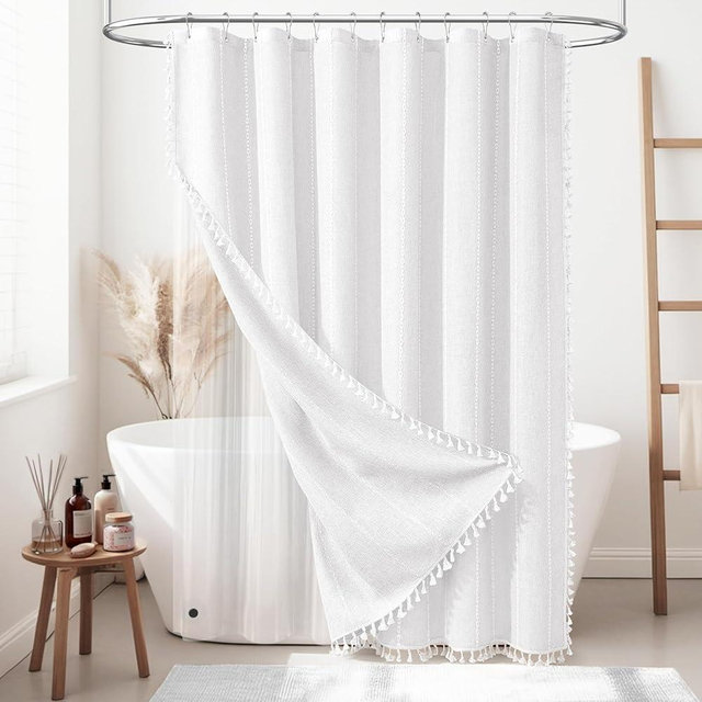 BTTN 3 in 1 Shower Curtain with Liner, White Boho Linen Striped Cloth Tassel Shower Curtain Set with Plastic Hook, Farmhouse Bohemian Country Waterproof Fabric Shower Curtain for Bathroom, 72x72