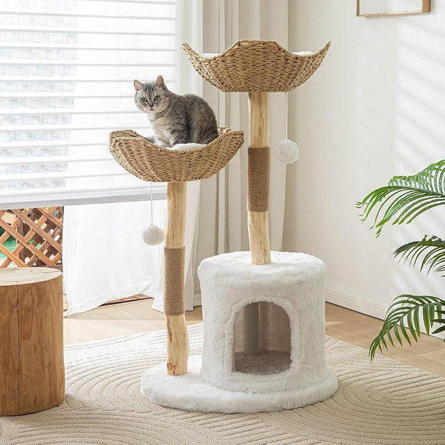 Modern Cat Tree for Indoor Cats Large Adult 46" Tall,Wooden Cat Tower for Large Cats with Scratching Post,Luxury Cat Condo, White.