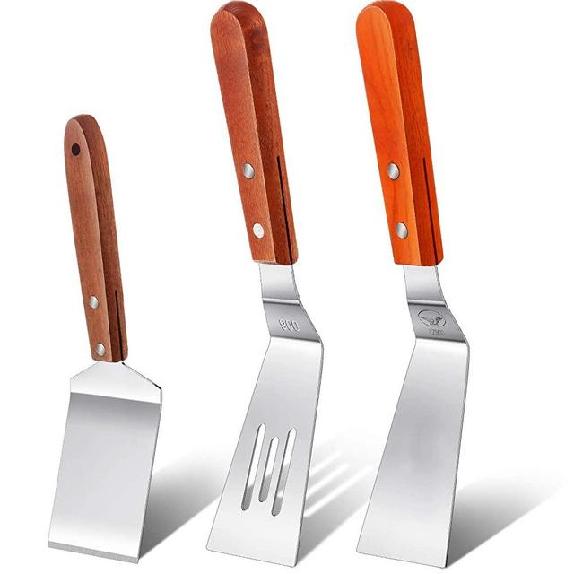 3 Pieces Stainless Steel Cooking Spatula Set Flat Top Metal Spatula Stainless Steel Wire Cheese Cutter Tool Slotted Spatula with Wooden Handle for Grilling Frying and Cooking