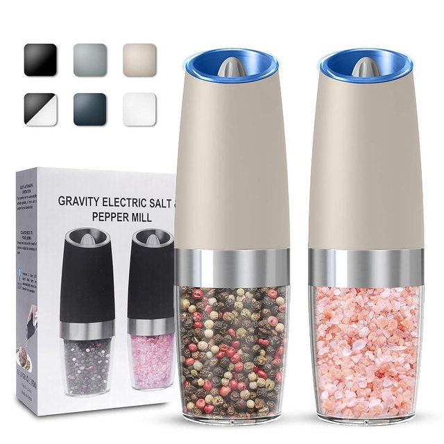 UNNEES Gravity Electric Salt and Pepper Grinder set of 2, Automatic Salt And Pepper Grinder Set, Adjustable Roughness, Battery Powered, LED Light, 2 Pack, (Khaki)