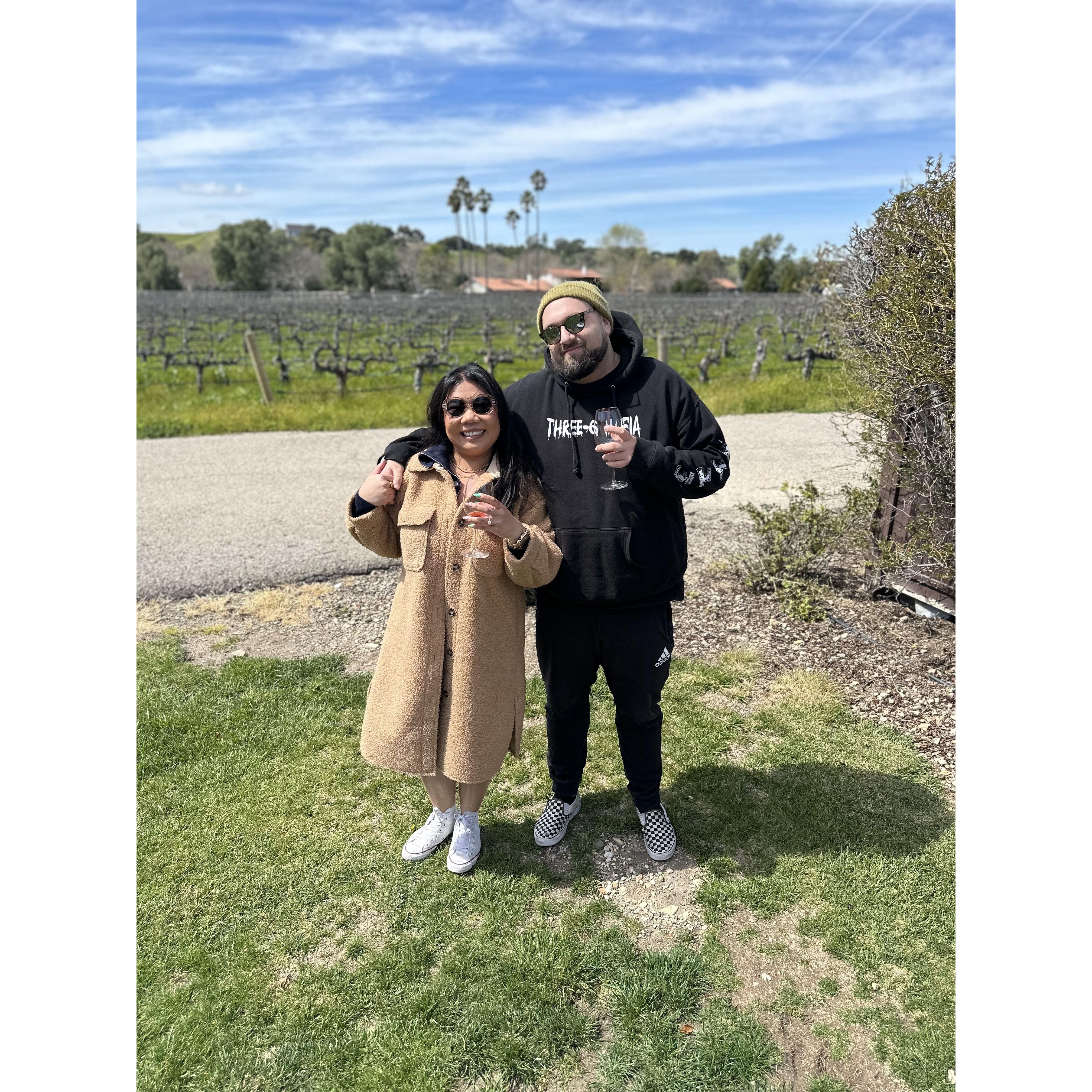Celebrating our proposal at a winery in Solvang, CA