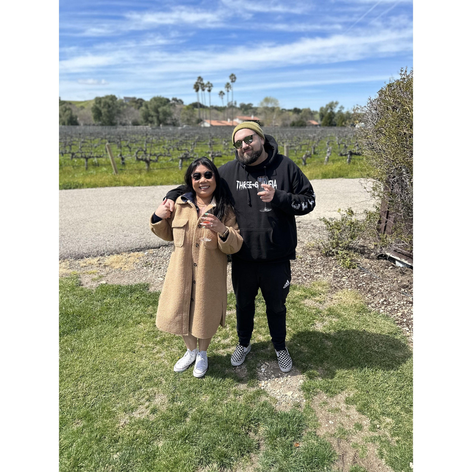 Celebrating our proposal at a winery in Solvang, CA