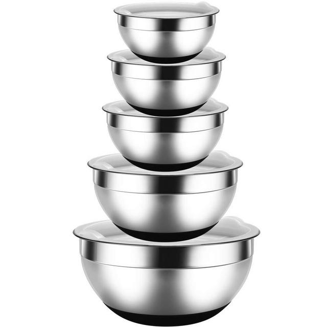 REGILLER Stainless Steel Mixing Bowls with Lids (Set of 5), Nesting Bowls Black Non-Slip Silicone Bottoms Great for Mixing, Baking, Prepping