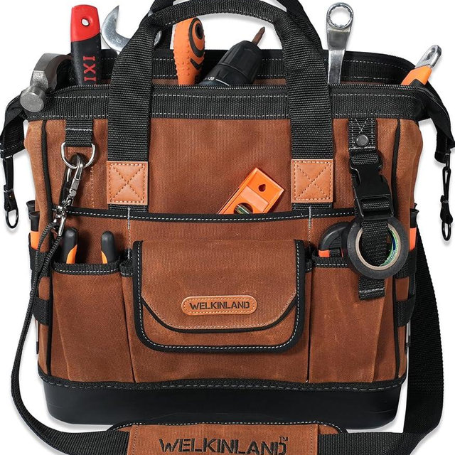 WELKINLAND 22-Pockets Hard Bottom Tool Bag, 14-Inch Waxed Canvas Tools Bag, 25L Heavy Duty Electrician Bags, HVAC Service Bags, Mechanic, Technician Tool Bag