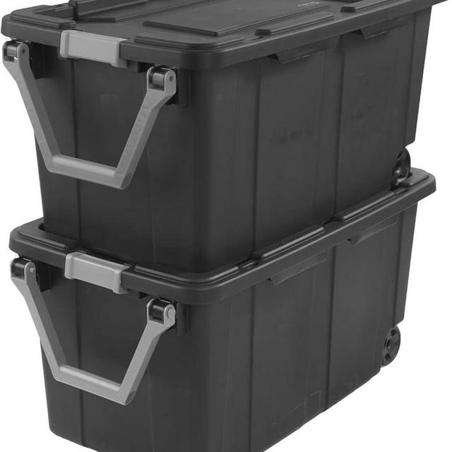 K&J CHIPMUNK Wheeled Industrial Tote 40 Gallon/151 Liter Black Lid & Base w/Racer Red Handle & Latches, 2-Pack