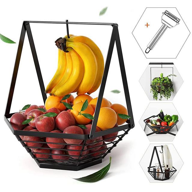 Fruit Bowl with Banana Hanger - Detachable Fruit Basket Stand Holder, Wire Vegetable Holder for Kitchen Counter (Black, Metal)