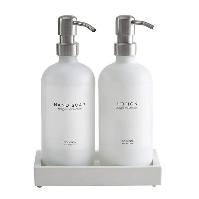 MaisoNovo Glass Soap Dispenser with Pump and Concrete Tray | Vintage Soap Dispenser Bathroom & Kitchen Set w. Dish Soap, Hand Soap, Lotion Waterproof Labels | White Bottles with Silver Pump