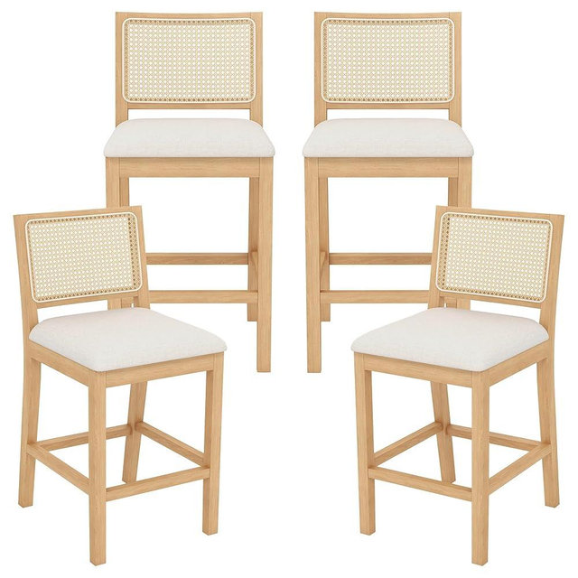 Westice Rattan Bar Stools Set of 4, 26" Farmhouse Counter Height Stools with Natural Rattan Back and Wood Frame, Upholstered Line Fabric Seat Cushion, Wooden Stools for Kitchen Island/Pub, Natural