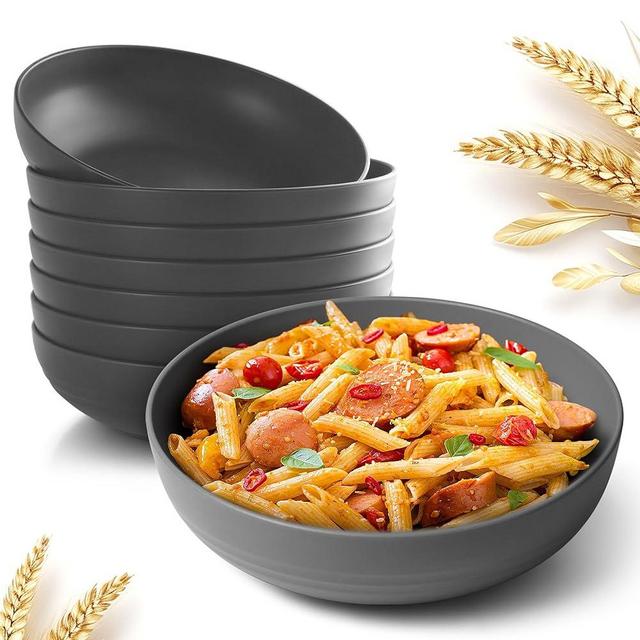 Teivio 8.4" Large Plastic Pasta Bowls Salad Bowls Reusable, 45 oz Pasta Serving Bowl Set of 8, Wheat Straw Serving Plate Bowls for Pasta, Salad, Cereal, Soup, Dishwasher Safe, Gray