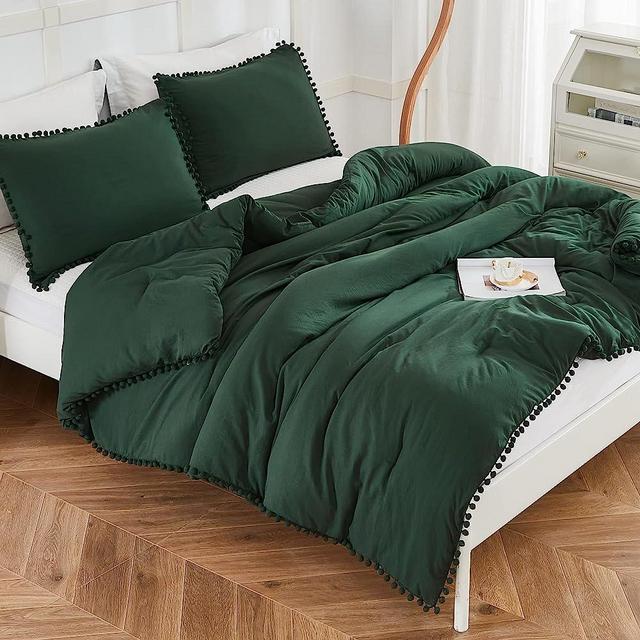 Andency Emerald Green Comforter Set Full Size (79x90 inch), 3 Pieces (1 Pom Pom Fringe Comforter, 2 Pillowcases) All Season Comforter Washed Microfiber Bedding Set with Corner Loops
