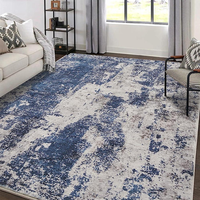 Area Rug Living Room Rugs: 8x10 Large Soft Indoor Carpet Modern Abstract Decor Rug with Non Slip Rubber Backing for Under Dining Table Nursery Home Office Bedroom Blue