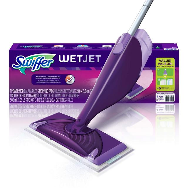 Swiffer WetJet Hardwood and Floor Spray Mop Cleaner Starter Kit, Includes: 1 Power Mop, 5 Pads, Cleaner Solution, Batteries