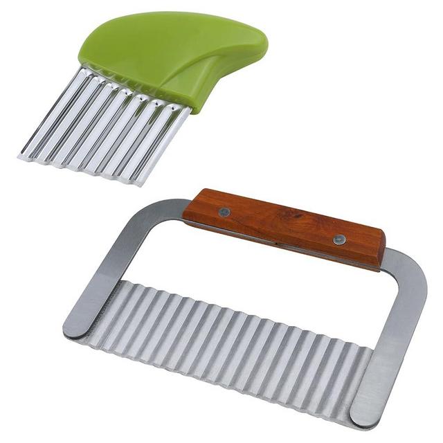 Antrader Potato Carrot Chip Vegetable Crinkle Wavy Chopper Cutter French Fry Slicer 2 Pack/Set,Stainless Steel Blade, 7" Wood Handle Wavy Knife and 3" Green Plastic Handle Wavy Slicer