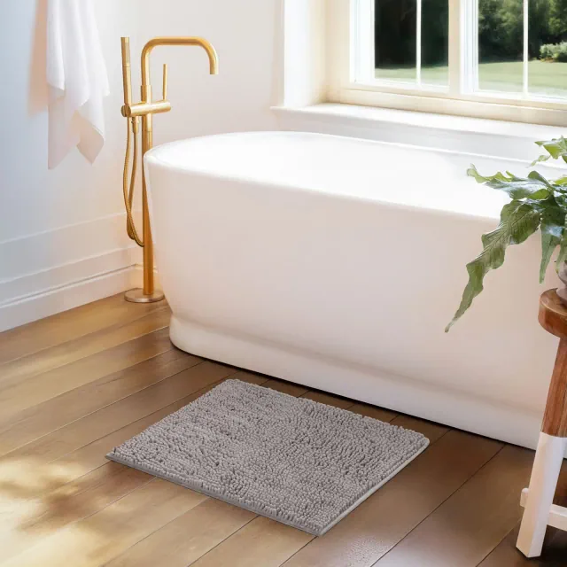 Soft Absorbent Chenille Bath Mat Rug with Anti-Skid Rubber Backing - Becky Cameron, Light Gray, 24 in x 17 in