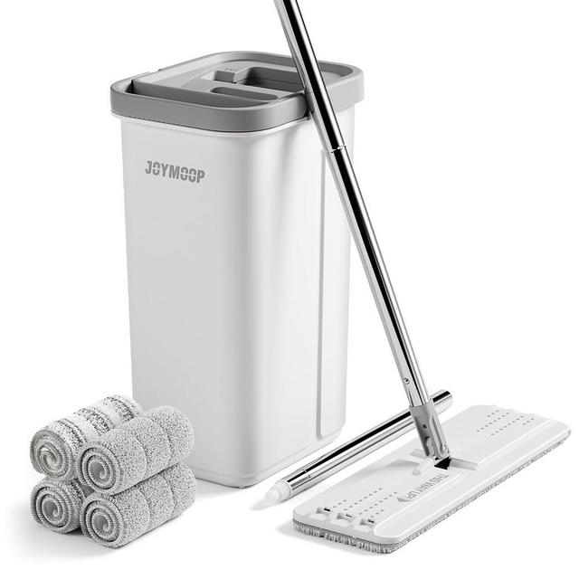 JOYMOOP Mop and Bucket with Wringer Set, Hands Free Flat Floor Mop and Bucket, 60" Mop with 4 Reusable Microfiber Pads, Wet and Dry Use, Floor Cleaning System