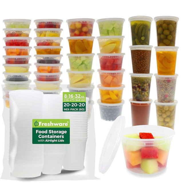 Freshware Food Storage Containers with Lids [8/16/32 oz x 20 each, 60 sets] Deli Containers, Microwave and Freezer Safe, Stackable, Leakproof, BPA Free, Clear