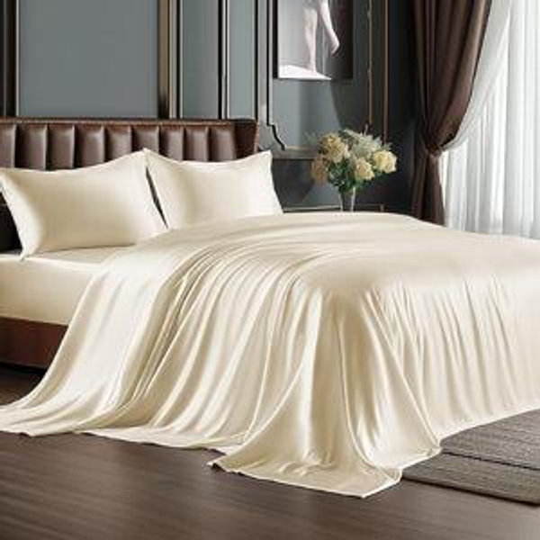 King Size Sheets Set, Luxury Soft Beige Satin Sheets for Hair and Skin, Similar to Silk Bed Sheets Set 4 Pieces with 1 Deep Pocket Fitted Sheet, 1 Flat Sheet, and 2 Pillowcases
