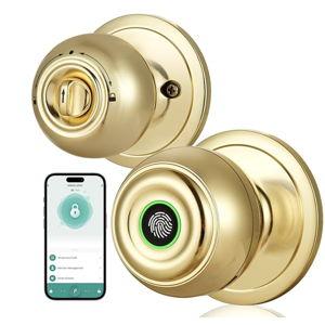 Fingerprint Door Lock, Smart Fingerprint Door Knob with Lock, Biometric Door knob with App Control & Key, Keyless Thumbprint Entry Door Locks for Bedrooms, Front Door, Home, Apartment Office-Brass