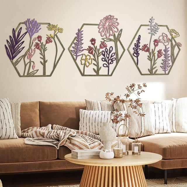 Peryiter 3 Pcs Metal Flower Wall Decor Minimalist Floral Wall Hanging Decor Metal Flower Rustic Floral Art for Spring Living Room Bathroom Kitchen Indoor Outdoor(Colorful)