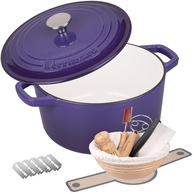 VORRINGARD Enameled Cast Iron Dutch Oven Pot with Lid, for Bread Baking, Round Bread Oven- include Sourdough Bread Baking Supplies Set, 4.5QT, Purple