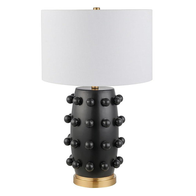 Henn&Hart 25.5'' Modern 1-Light Ceramic Table Lamp with Spherical Orbs on Lamp Body with White Fabric Drum Shade for Living Room, Bedroom, or Office, Matte Black