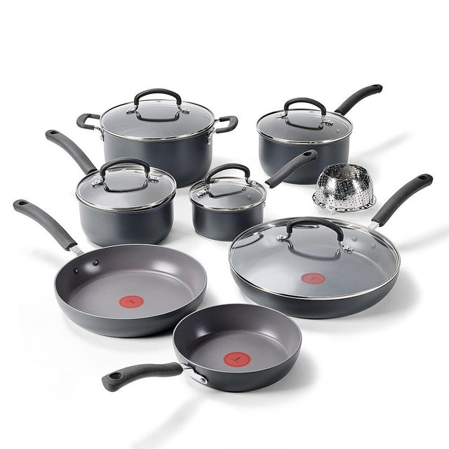 T-Fal Ultimate Hard Anodized Nonstick 13 Piece Cookware Set, Oven Safe Up to 400°F, Pots and Pans Set, Includes Frying Pans, Saucepan, Stockpot, Cooking Utensils, Grey