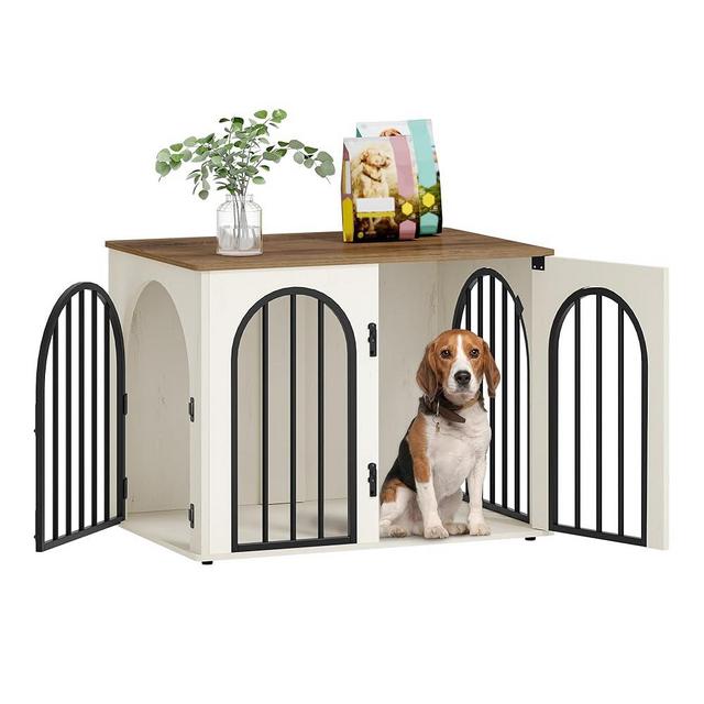 Hzuaneri 31.5'' Wooden Dog Crate Furniture TV Stand, Indoor Dog Kennel for Small/Medium Dogs, End Side Table Dogs Crates, Anti-Chew, Anti-Escape, Arched Door Design, White Brown DFC85114B