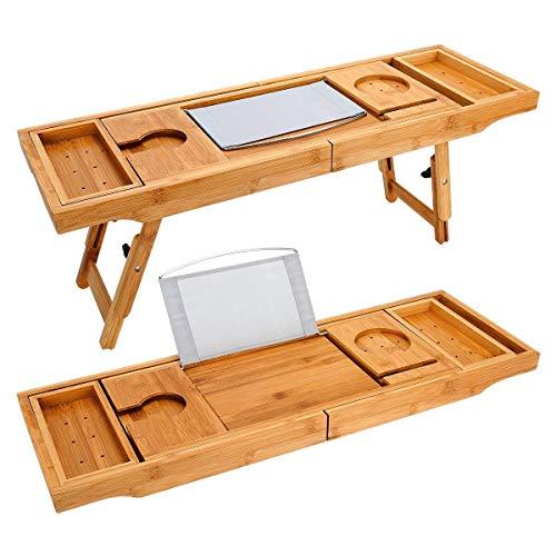TILEMALL Bathtub Caddy & Laptop Bed Desk - 2 in 1, Bath Tray Built-in Stand for Books or Tablets, Bathtub Holder and Organizer with Smartphone and Wine Glass Holder, Tablet Holder