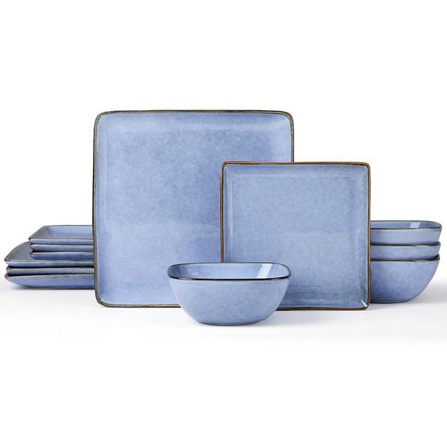 E-far Square Plates and Bowls Sets, 12-Piece Stoneware Dinnerware Sets for 4, Reactive Glaze Dish Set, Chip and Scratch Resistant, Microwave and Dishwasher Safe, Ocean Blue