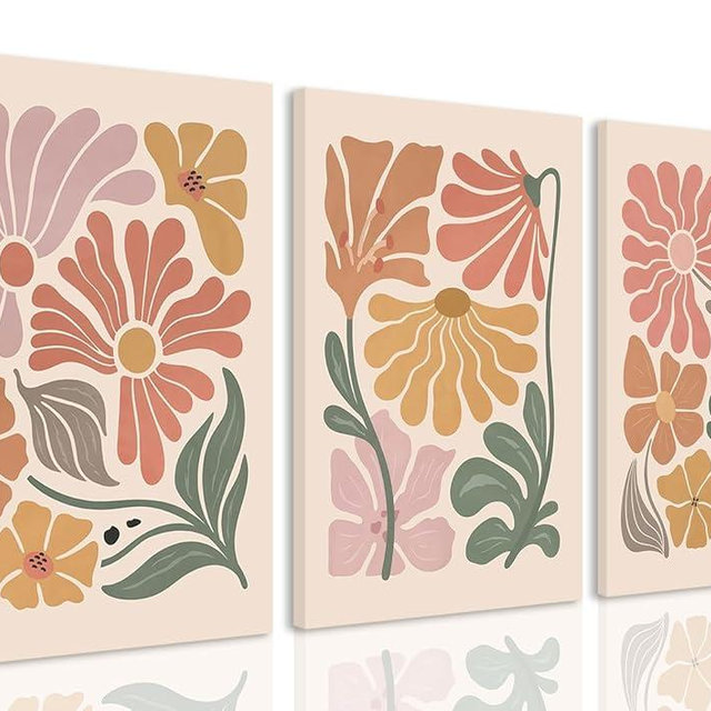 TBKHUDBI Boho Flower Canvas Wall Art Abstract Floral Pictures Prints Set of 3 Minimalist Botanical Painting Poster Flower Market Aesthetic Wall Decor for Living room Bedroom 12"x16" Framed