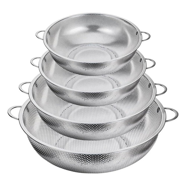 4 Pack Stainless Steel Colander Strainer Set Metal Colander with Handle, Mesh Strainer Net Baskets Dishwasher Safe for Kitchen Strain, Drain, Rinse or Steam Draining Pasta Rinsing Vegetables Fruits