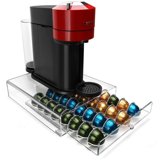 XronSlute for Nespresso Vertuo Pod Holder - Acrylic 32 Large Capsule Organizer, Clear Coffee Drawer