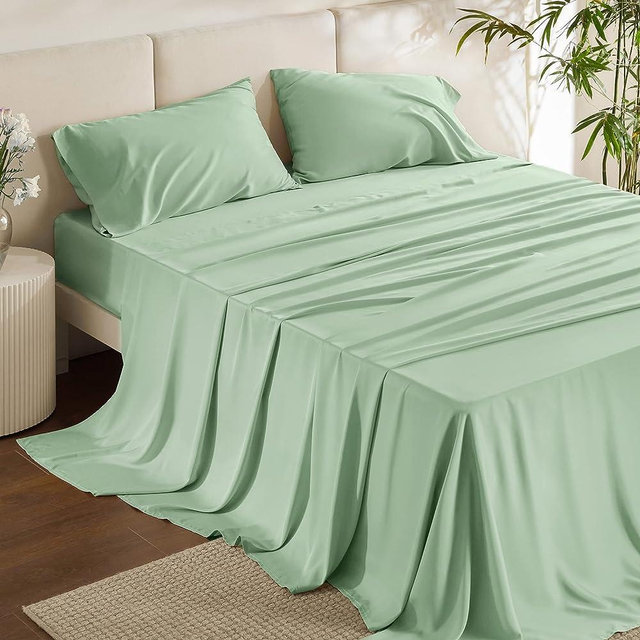 Bedsure Cooling Sheets Set Sage Green, California King Sheet Sets, Rayon Made from Bamboo, Deep Pocket Up to 16", Hotel Luxury Silky Soft Breathable Bedding Sheets & Pillowcases