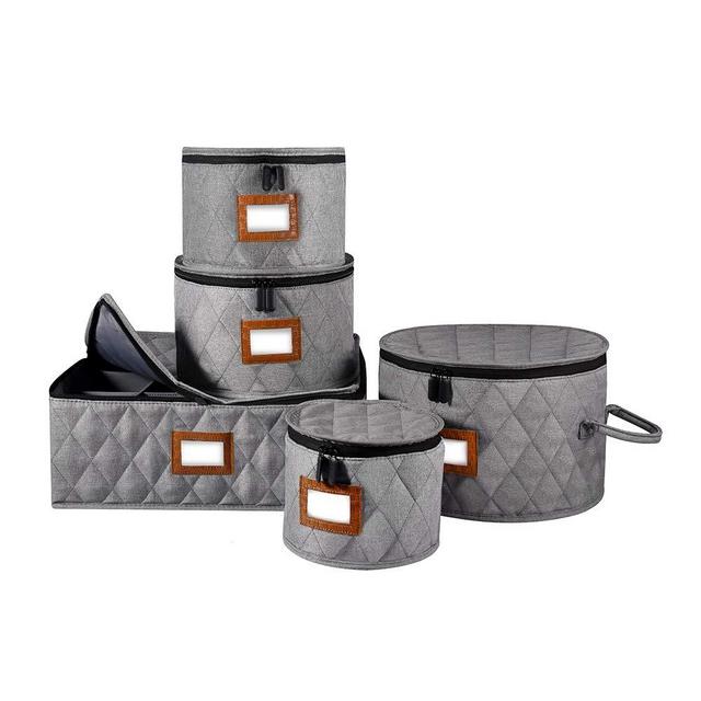 China Storage Set with Label Window, Stackable China Storage Containers, for Dinnerware Storage and Transport, Protects Cups and Mugs, 40 Felt Plate Dividers Included, Set of 5 (Grey)