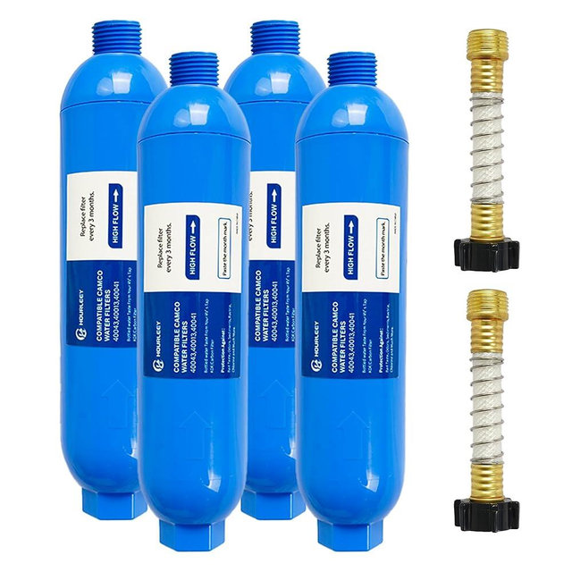 Hourleey 4 Pack RV Inline Water Filter with 2 Flexible Hose Protector, Reduce Bad Taste, Odors, Rust, Fluoride, Chlorine and Sediment in Drinking Water, Dedicated for RVs Campers Marines