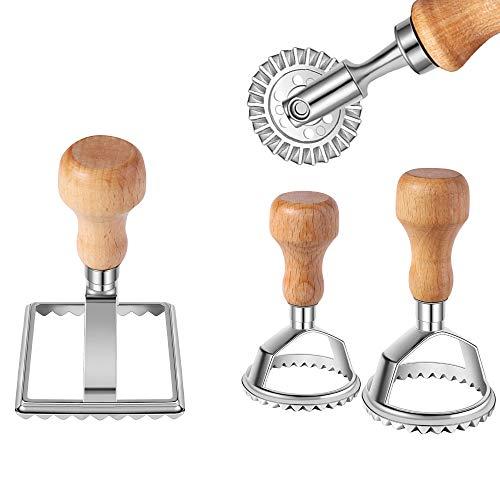 Ravioli Stamp Maker Cutter with Roller Wheel Set, MASTER FENG Mold with Wooden Handle and Fluted Edge, Pasta Press Kitchen Attachment (3 Set and Cutter)