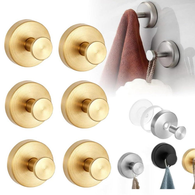 2024 Upgraded Luxe Hold No-Drill Hooks, Suction Cup Hooks, Stainless Steel Suction Cup Hooks for Shower, Bathroom, Hanging Towels, Mounting on Glass Shower Doors, Tile, Mirrors (Gold 6PCS)