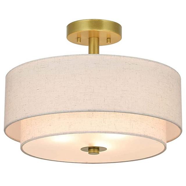 XiNBEi Lighting 3 Light Semi Flush Mount Light, Close to Ceiling Light Fixture with Fabric Shade Retro Gold Brass 16 inch Semi Flush Drum Light for Bedroom & Living Room XB-SF1289-GB