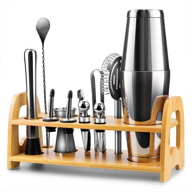 Bartender Kit, 13 Piece Boston Cocktail Shaker Stainless Steel Bar Set with Shaker Tins,Measuring Jigger, Spoon, Pourers, Muddler, Strainer, Tongs, Bottle Stoppers, Opener, Stand, Recipes