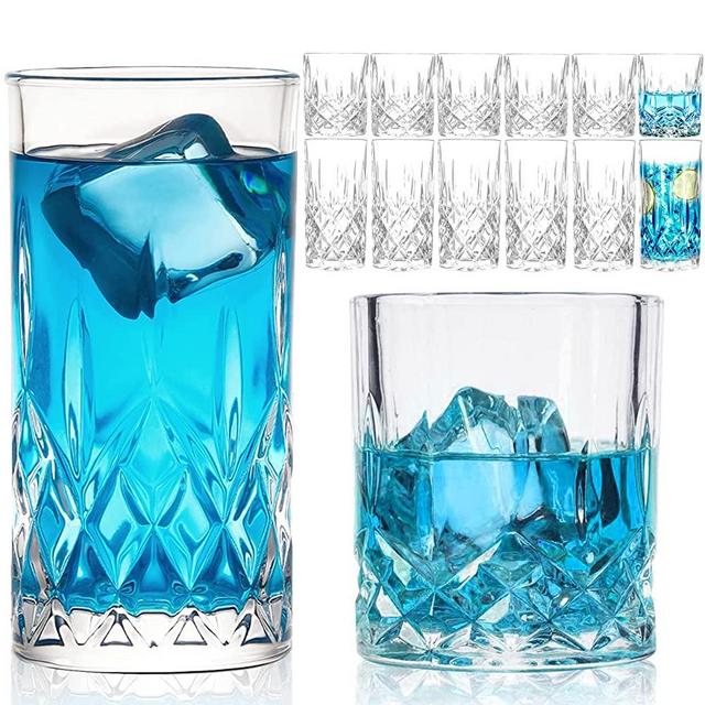 Drinking Glasses, 12 Piece Crystal Glass Cups, Claplante Mixed Glassware Set, 6 pcs Crystal Old Fashioned 11oz Highballs and 6 pcs 11oz Whiskey Glasses, Great for Cocktail, Whisky and other Beverages