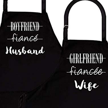 Husband & Wife | 2-Piece Kitchen Apron Set | Matching Engagement Wedding Anniversary Bridal Shower Gift for Bride | Wedding Gifts for The Couple Unique | Newly Married Presents