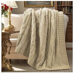 Amélie Home Chunky Knit Throw Blanket, Dual-Sided Soft Chenille Breathable Cable Knitted Blanket for Couch, Farmhouse Decorative Throw for Sofa & Chair, 50"x60", Beige