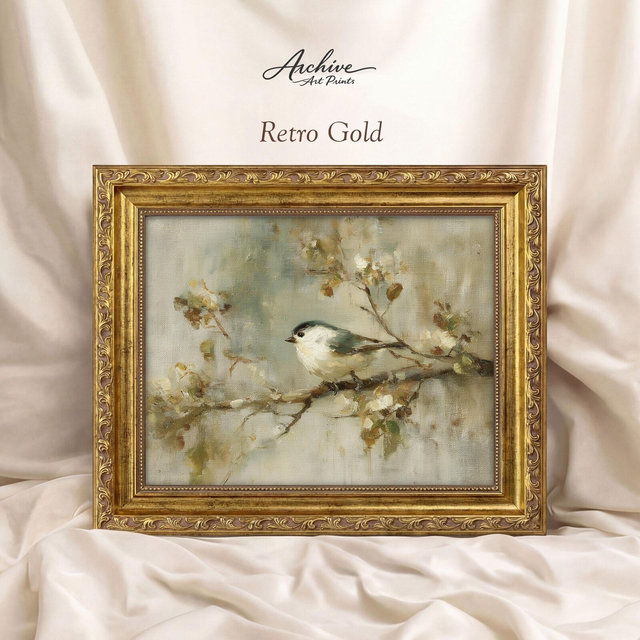 Vintage Bird on Branch Painting Print, Chickadee Wall Art, Muted Neutral Spring Blossom Print | Farmhouse Decor | Antique Style Bird Art